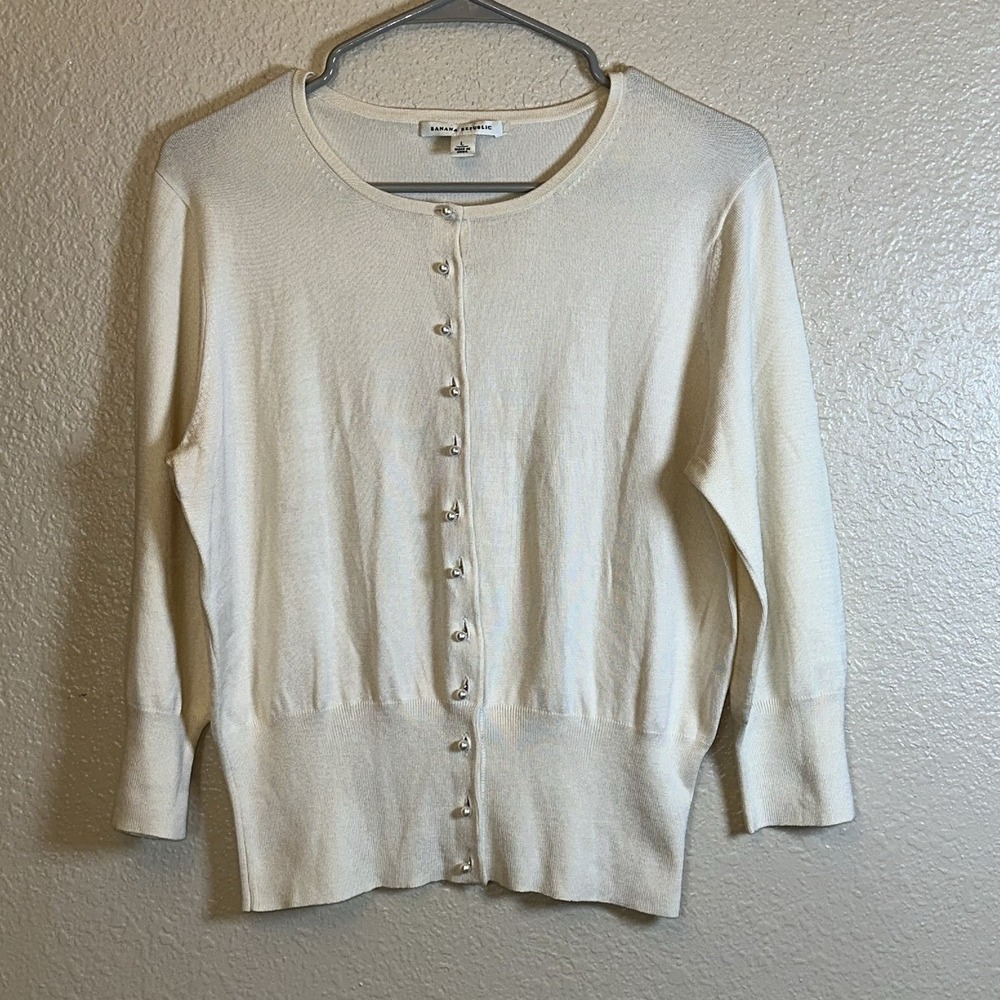BANANA REPUBLIC Beige Button Down Cardigan Large Silk Blend Delicate Preppy Work
